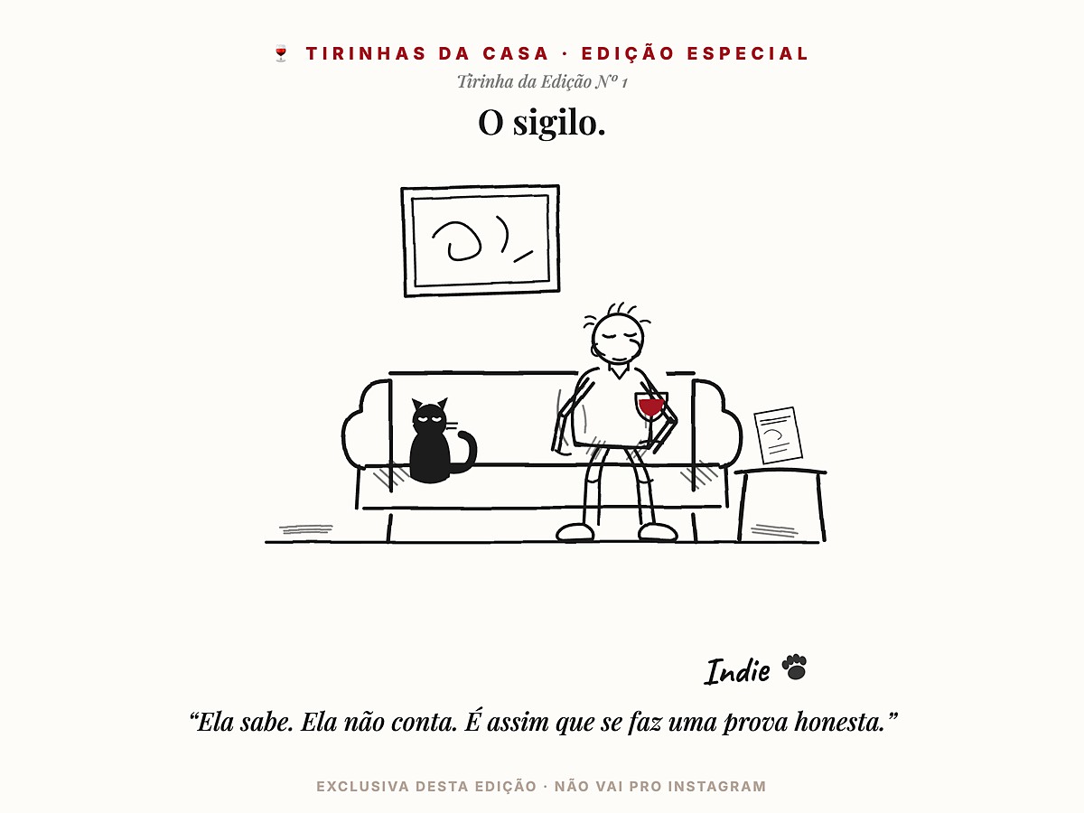 Tirinha da Edição Nº 1, “O sigilo”: o Largado no sofá com a taça de vinho, a Contrarrótulo fechada na mesinha ao lado e a gata sentada a seu lado, olhando para a frente. Legenda: “Ela sabe. Ela não conta. É assim que se faz uma prova honesta.”